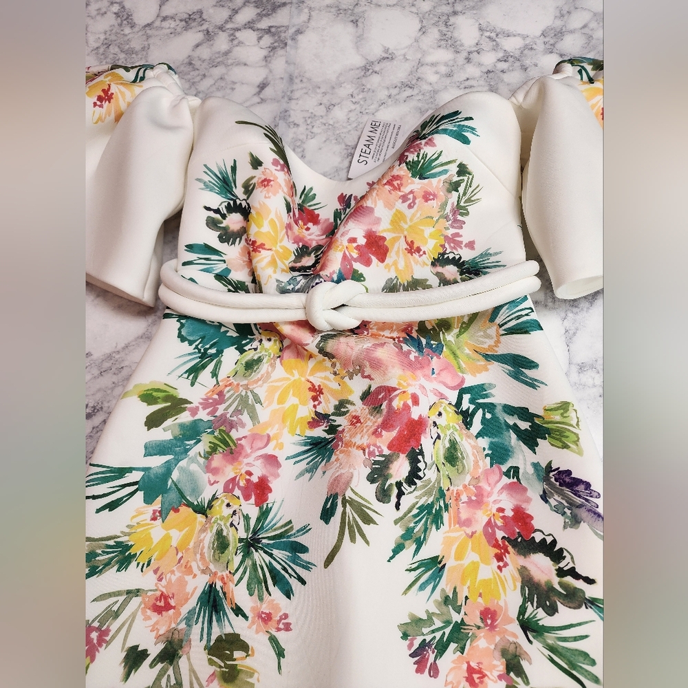 Off The Shoulder White Dress w/ Floral Print - Picture 2 of 10